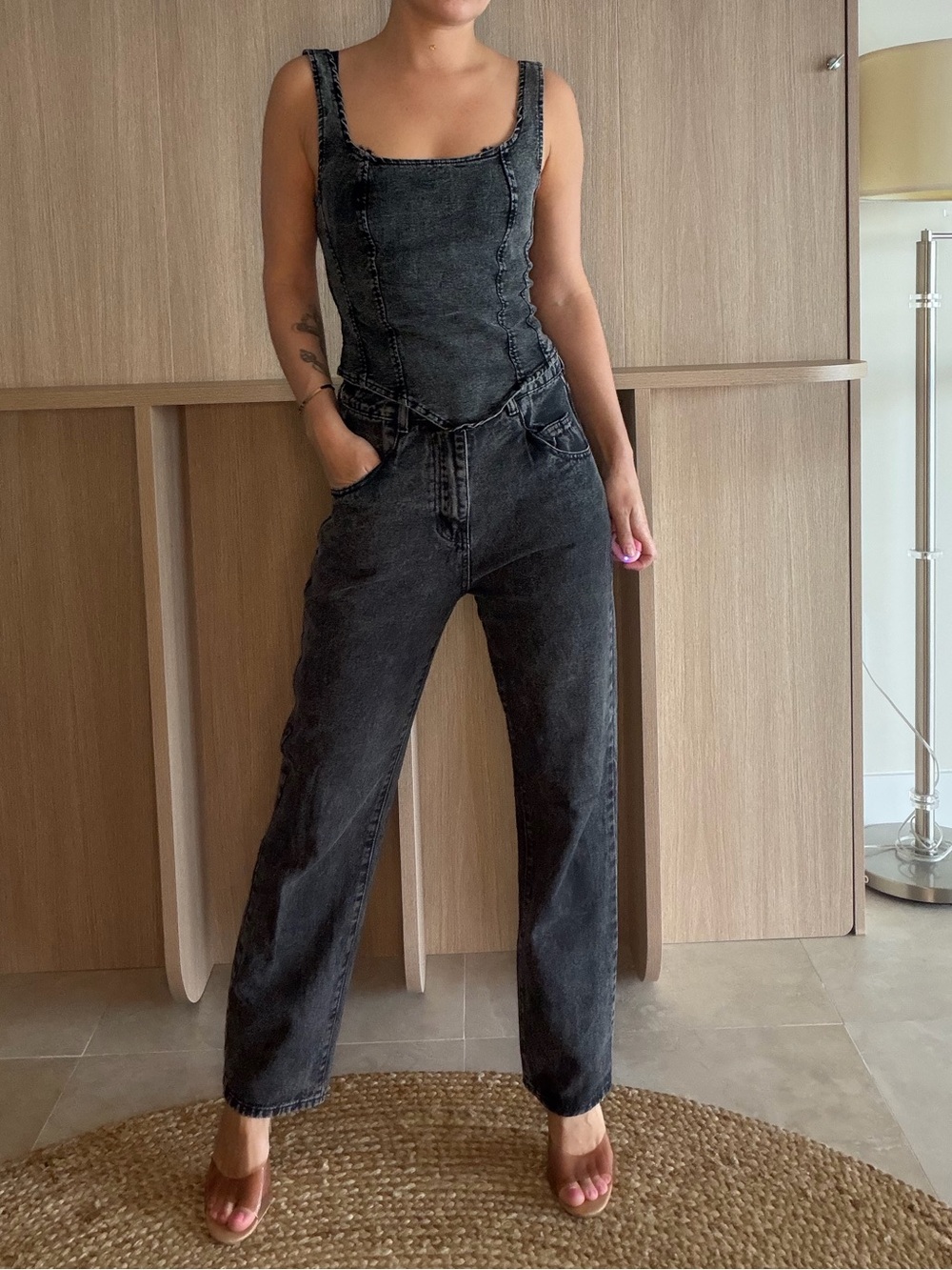 High-Waist Washed Black Denim Jumpsuit - Women Jeans Style